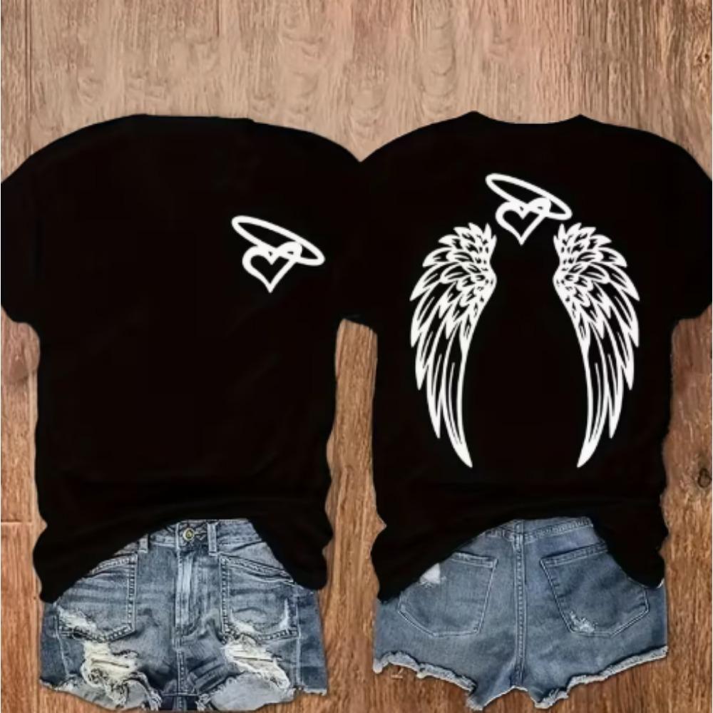 Casual Crew-Neck T-Shirt with Double-Sided Print: Wings and Heart Motif M
