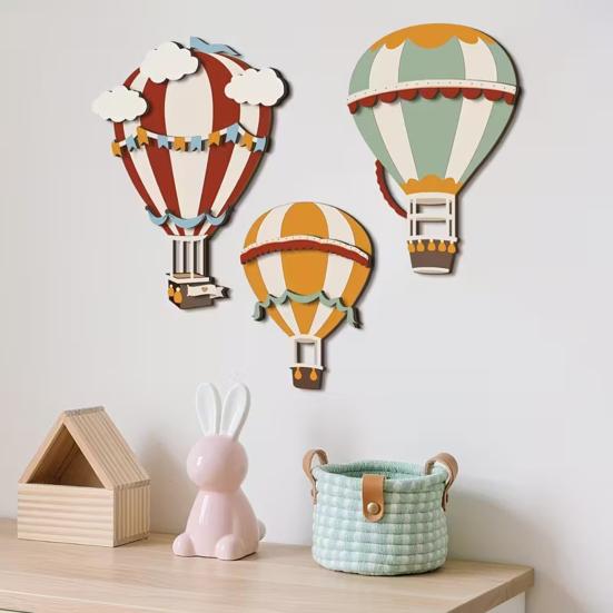 3Pcs Wooden Hot Air Balloon Wall Art Hand-Painted Rustic Hanging Decor for Bedroom Classroom Christmas Cute Nursery Ornament Boho Home Accent