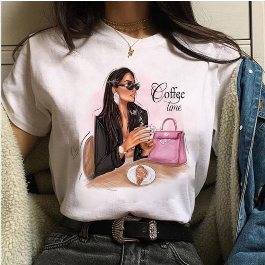 Fashionable Womens Coffee Printed White Tshirt Casual Short Sleeved Suitable for Daily Casual Versatile Home Clothes Top