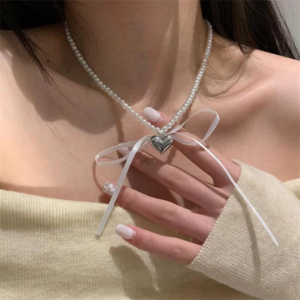 Heart Bow Choker Ribbon Jewelry Gift Trend Pendant Necklace  Women