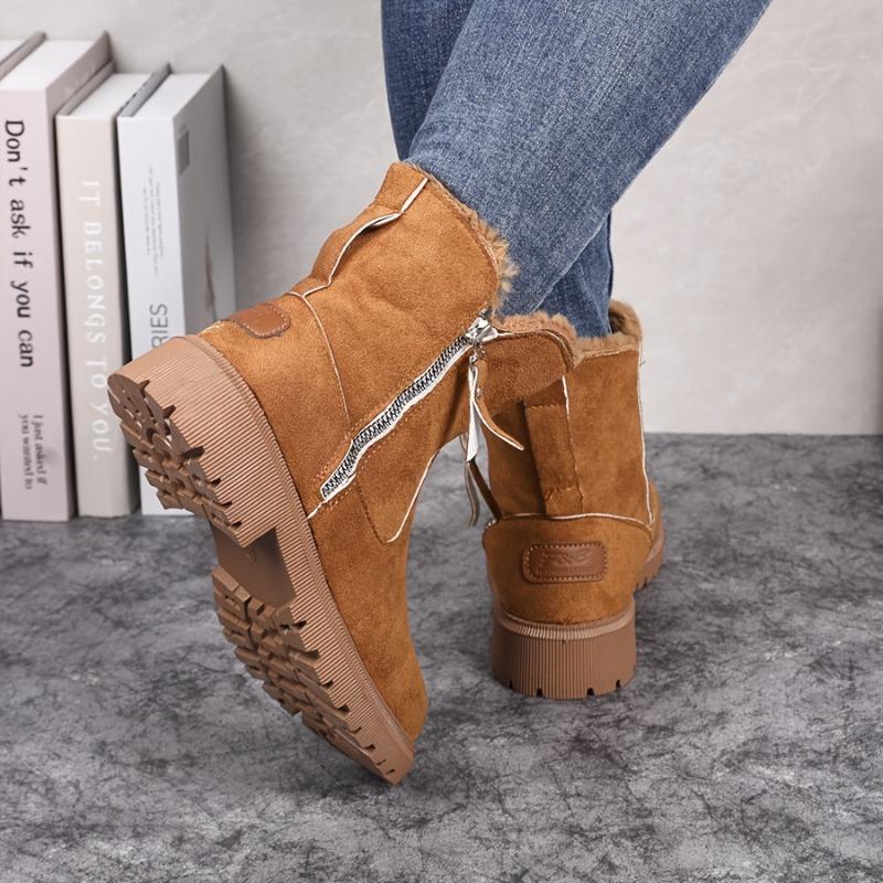 Women's Round-Toe Short Boots Plush Faux Thick Rubber Sole Chunky Heel Zipper Winter Casual Dressy Brown Booties for Jeans