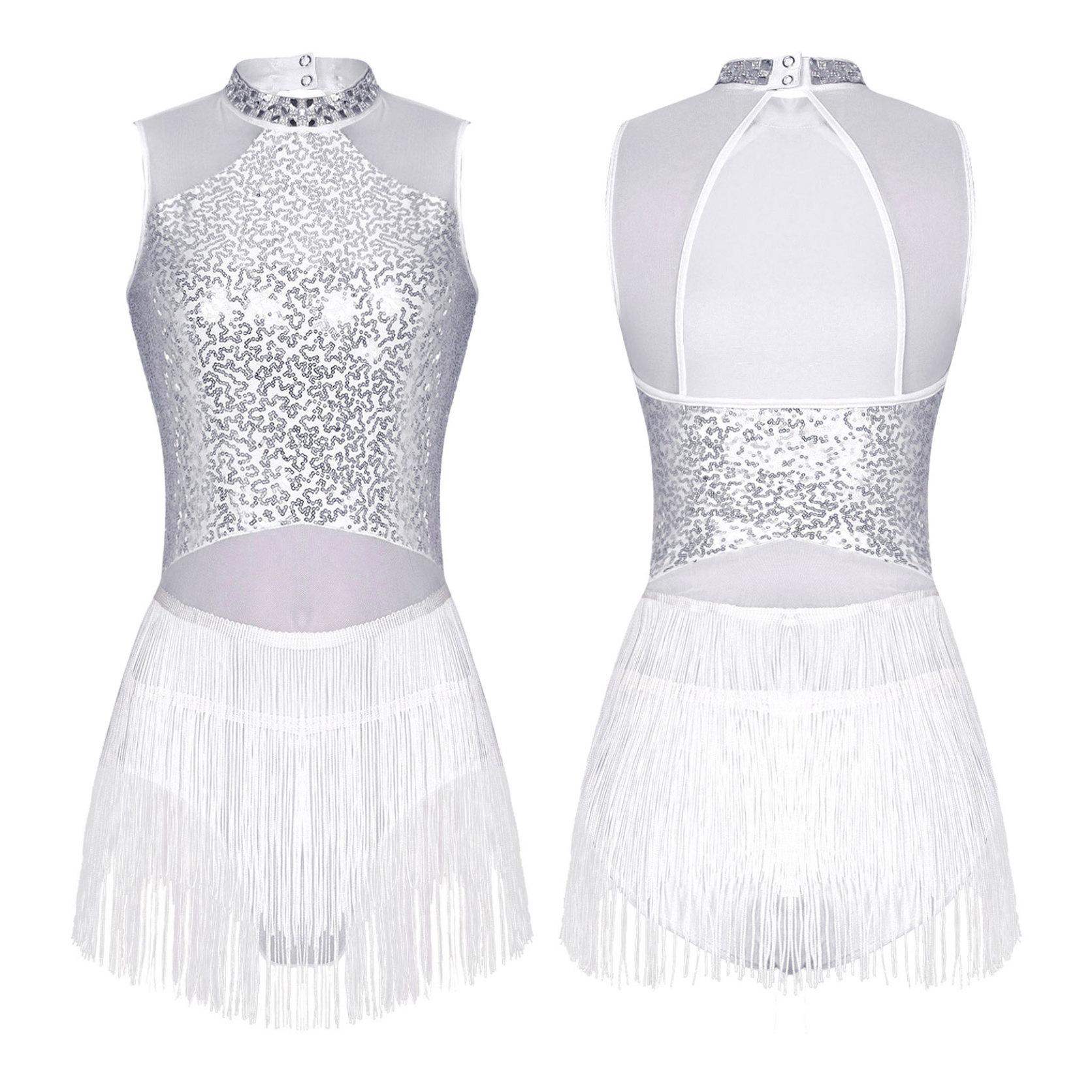 

Женское платье для латинских танцев, сетчатый костюм без рукавов с бахромой для сальсы, ча-ча, румбы, бальный костюм, комбинезон, одежда для сценического выступления S белый