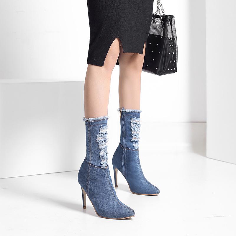 Fashion Hot Selling 2025 New Women's Boots Solid Color Pointed Zipper High Heels Canvas Denim Hole Boots Women's Pointed Thin High Heels