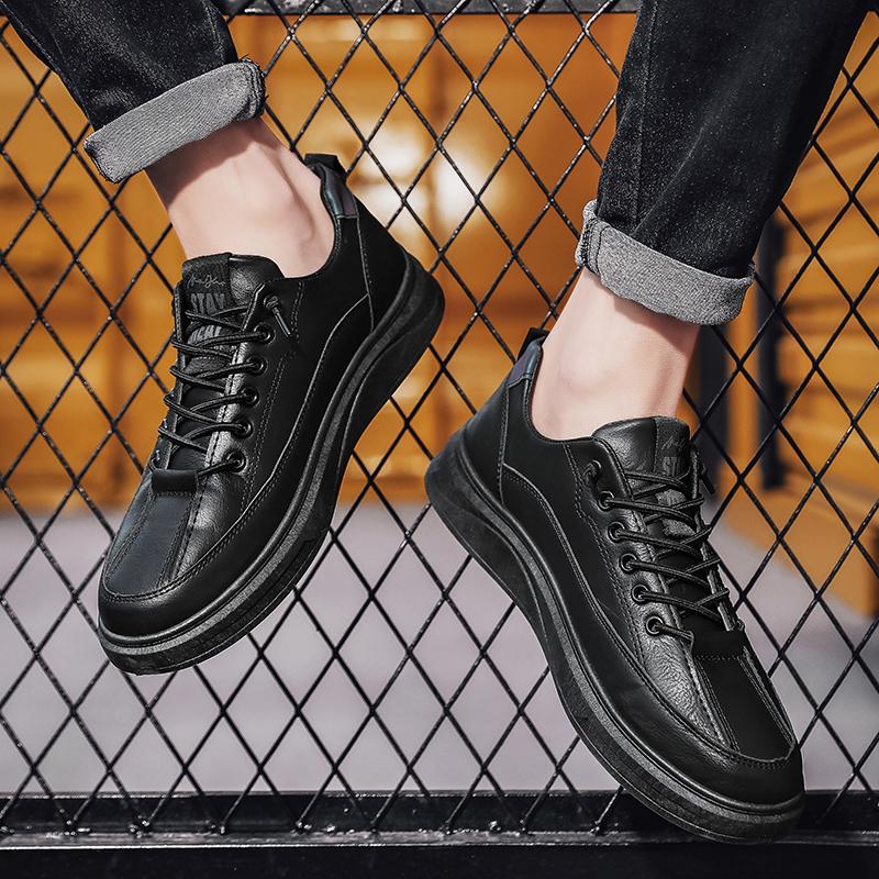 Spring Men's Shoe Brand New Breathable Trendy Black Versatile Leather Shoes Non Slip Platform Strap Casual Business Board Shoes