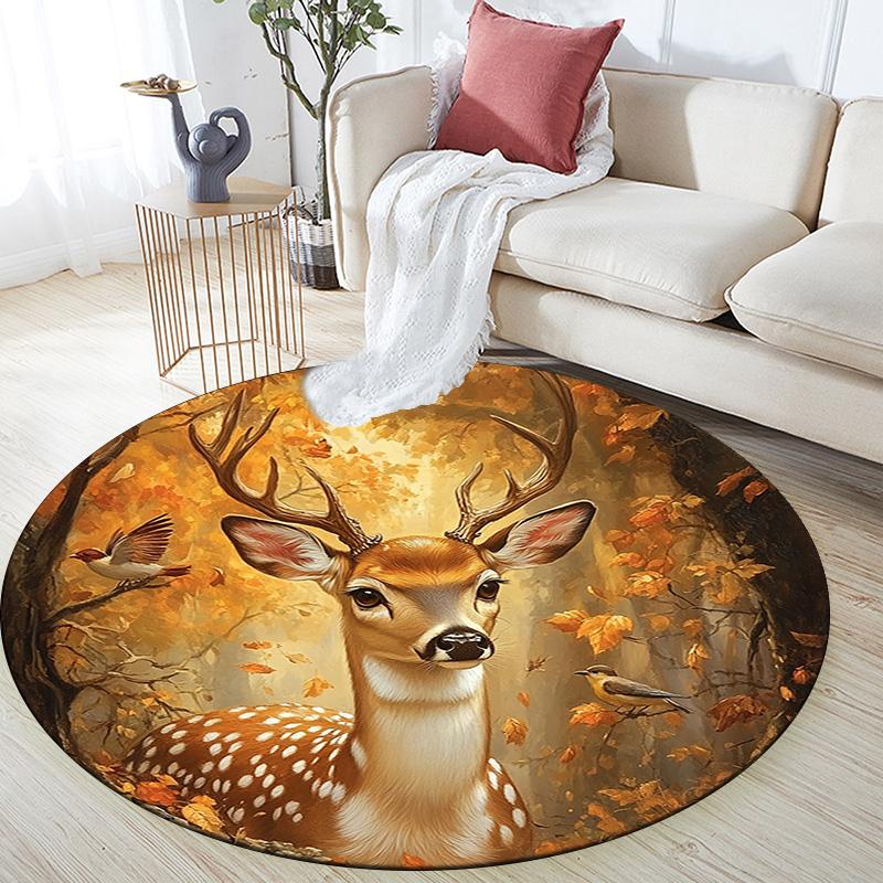 Autumn Forest Deer Round Area Rug,Carpet Rug for Living Room Bedroom Sofa Playroom Decor,Non-slip Floor Mat