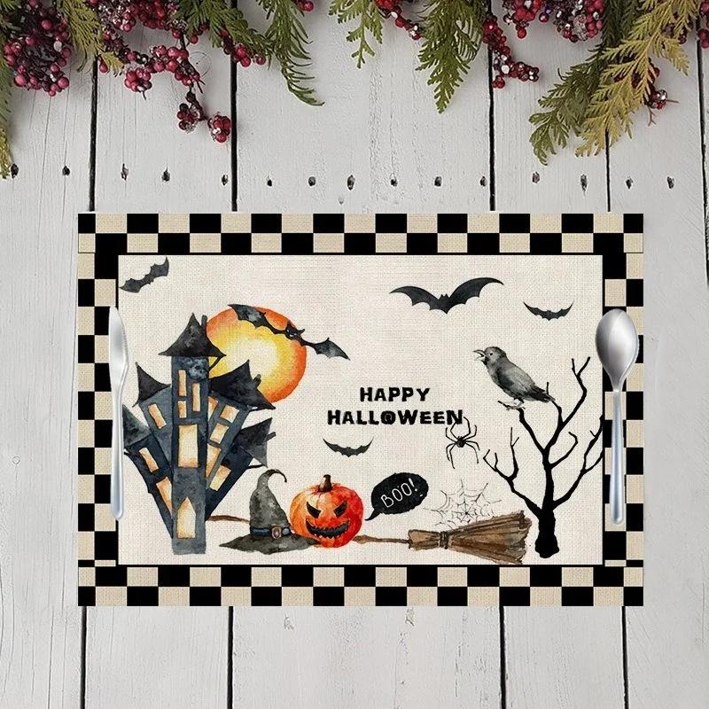 42x32cm Halloween Plaid Linen Dining Tables Mat Heat Resistant Placemat For Table Drink Cup Coaster Home Kitchen Accessories