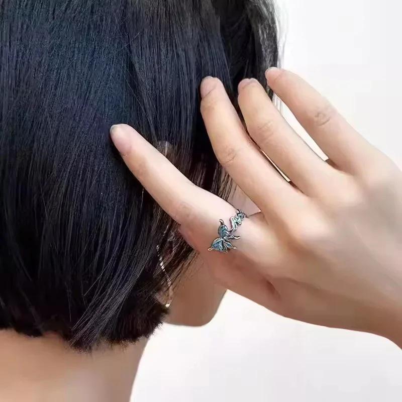 Blue Crystal Butterfly Ring Twisted Wavy Open Ring for Women Vintage Hip Cool Party Jewelry for Men