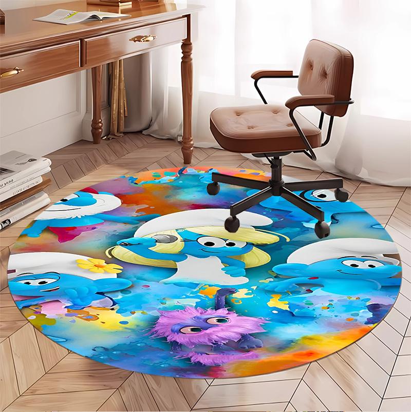 Blue Smurfs Pattern Round Rug, Indoor/Outdoor Mat, for Picnic, Gameroom, Bedroom, Office, Living Room, Home Decor Carpet, Birthday Gift