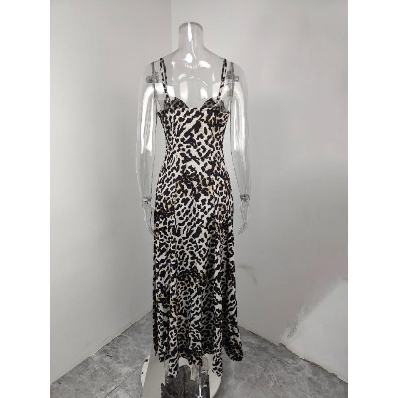 Women Fashion Sexy Leopard Print High Waist Spaghetti Strap Long Dress