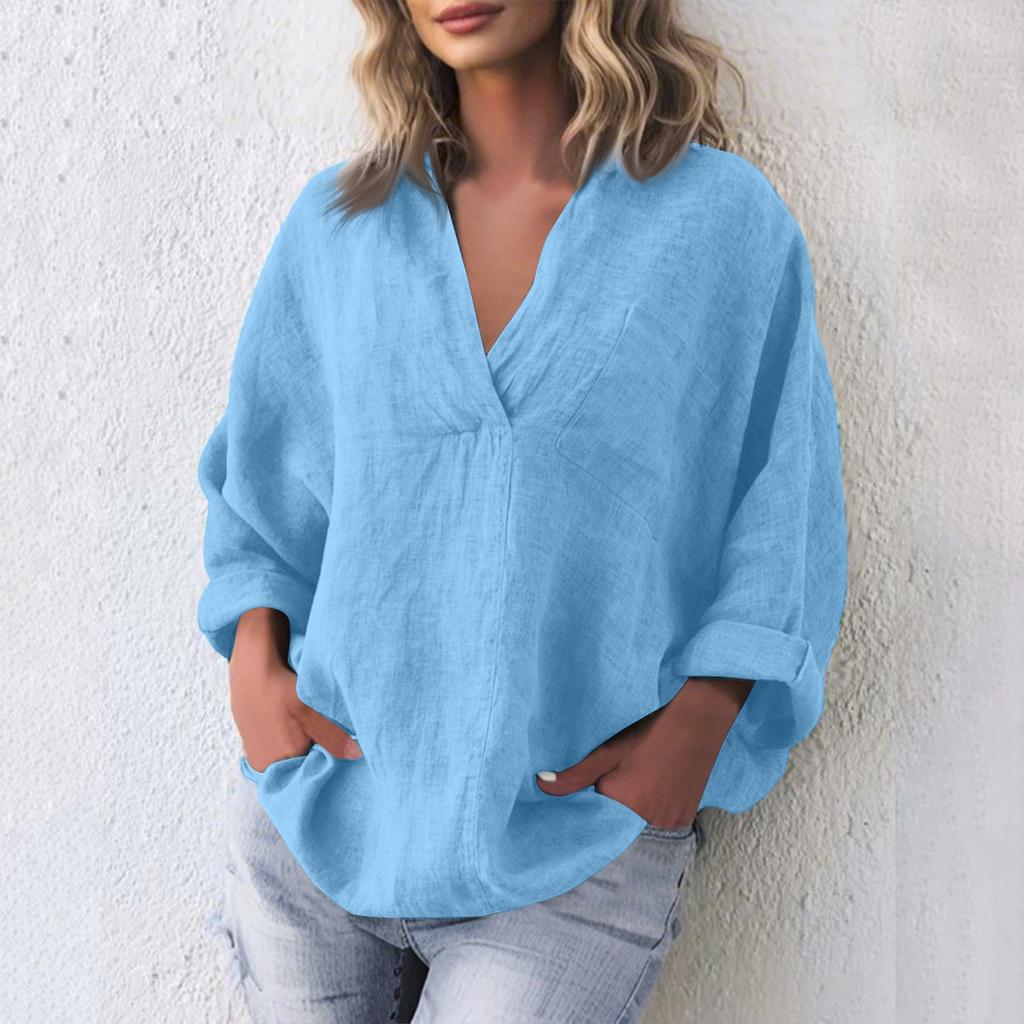 Damska modna bluzka z długim rękawem i dekoltem w serek, wykonana z bawełny i lnu