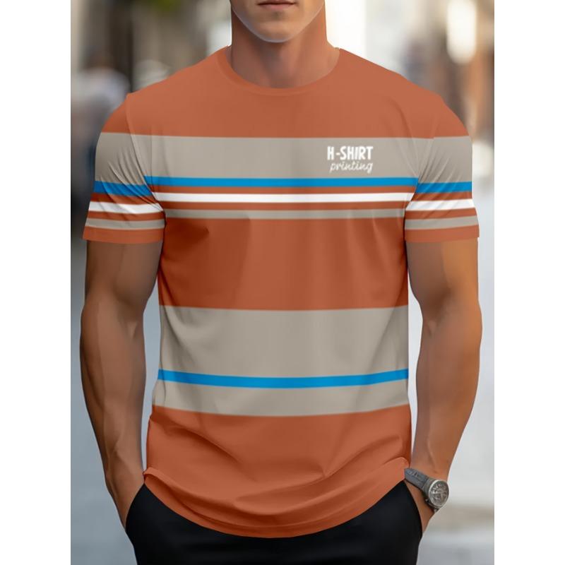 Herren Casual Gestreiftes T-Shirt mit Digitaldruck 3D Rundhals Kurzarm Perfekte Sommer- & Freizeitkleidung