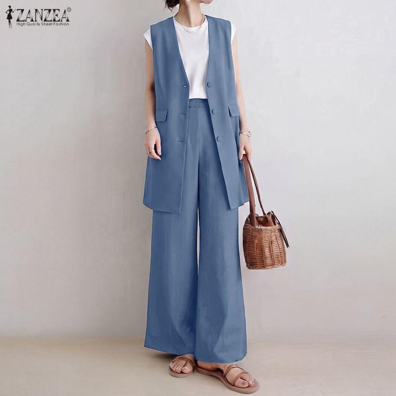 ZANZEA Women Sleeveless Long Vest and Long Pants Casual Two Piece Suit Sets