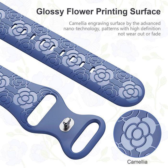 Armband für Apple Watch Series Ultra 2/3, 11, 10, 9 8 SE 7 6 5 4 3 2 1 42mm-44mm-45mm-46mm-49mm Silikon Relief Floral Dunkelblau