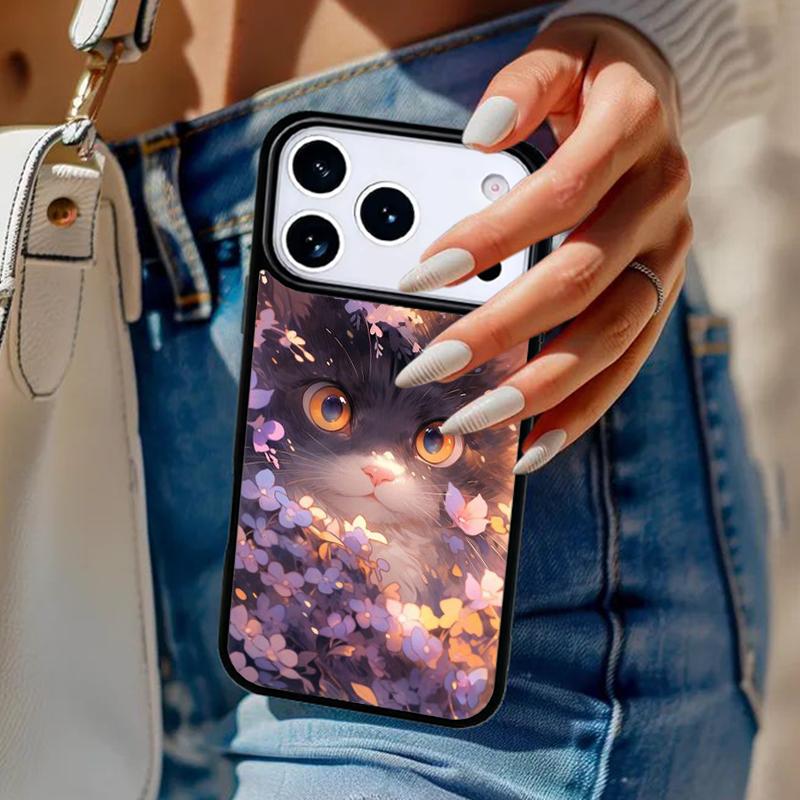 Lovely Flower Cat Animal Pattern Phone Case For iPhone 17 Air 14 15 13 12 Max Cover For Apple 16e 11 Pro Max Plus Coque
