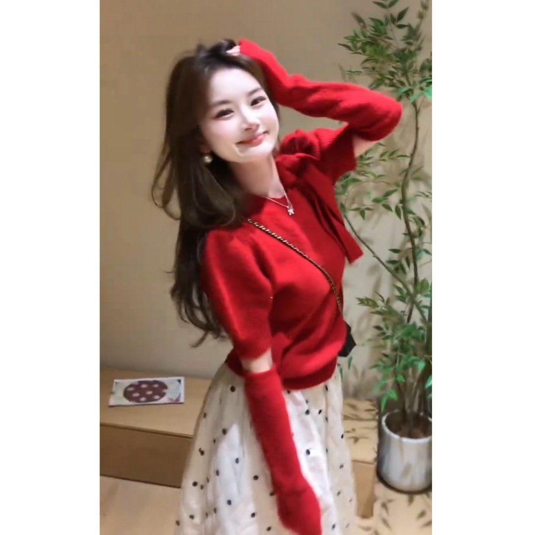 

Women s New Year Red Knit Pullover & Polka Dot Maxi Skirt Set with Detachable Sleeves 2XL (125-140 Jin)