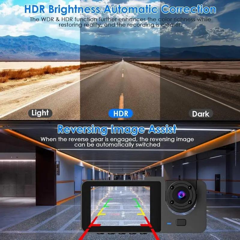 DVR para automóvil HD 1080P con 3 lentes para tablero de instrumentos, cámara de tres vías, grabadora de video, videocámara para tablero de instrumentos, pantalla IPS de 2.0 pulgadas y cámara trasera