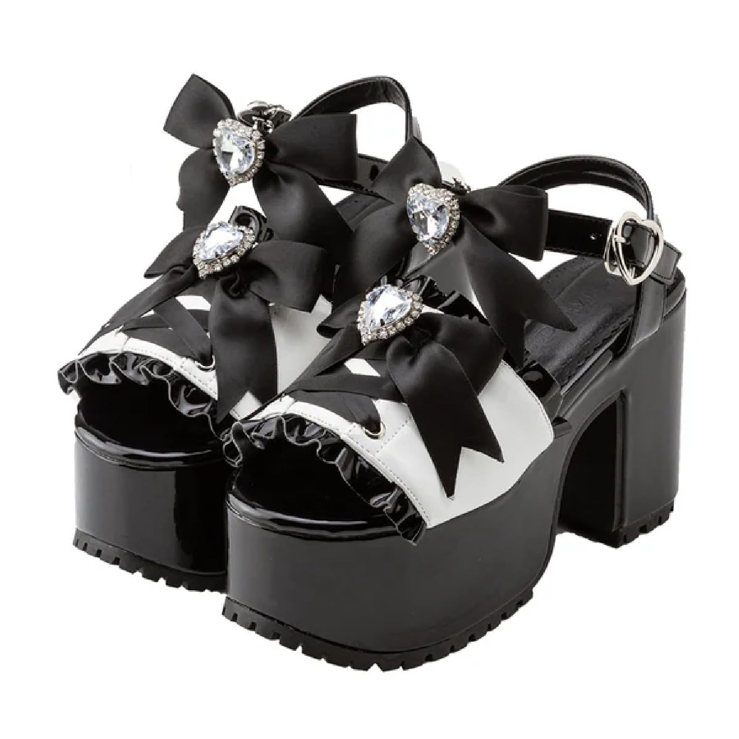 Heart Jewel Double Ribbon Sandals Women s Heeled Yumetenbo Mass-Produced Landmine Style DearMyLove Black and White Size 240cm 5325850403 7989₽