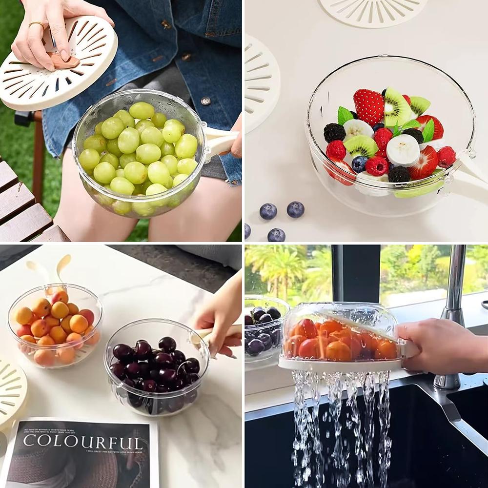 Foldable Colander with Lockable Lid and Portable Handle for Kitchen and Fridge