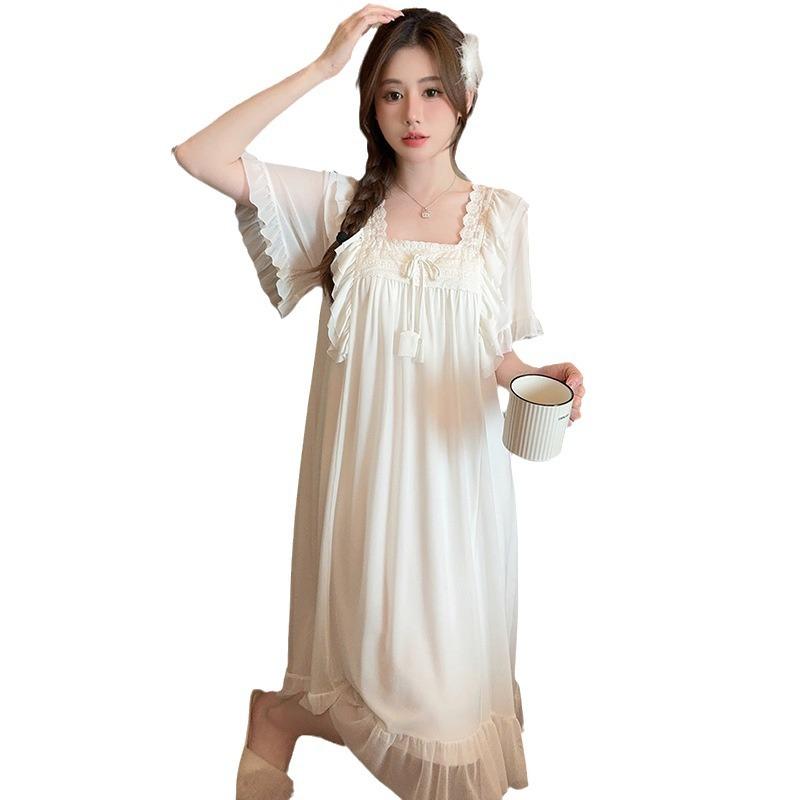 Linglei Summer Solid Color Lace Bow Mesh Court Princess Style Long Nightdress Pajamas Loungewear Women