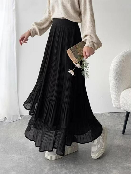 Elegant Japanese-Style Double-Layer Pleated Chiffon Skirt, Slimming and Versatile with an Elastic Waist