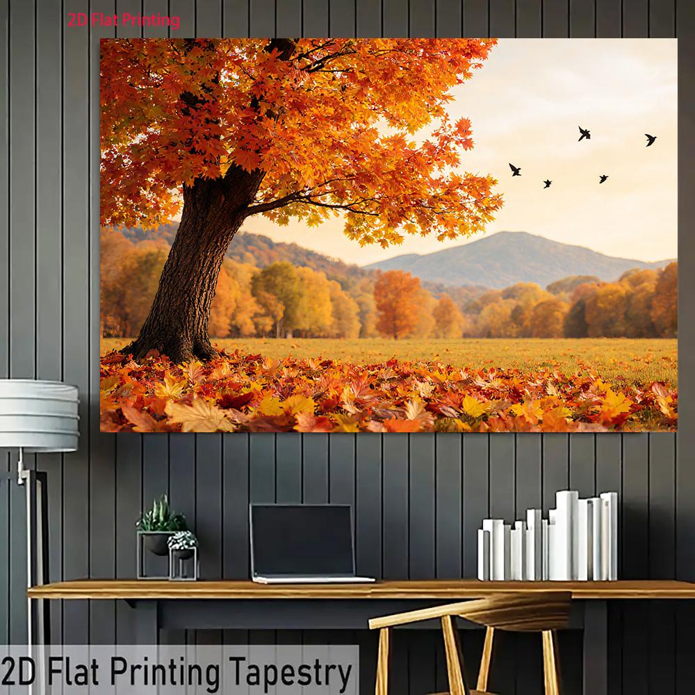 2D Flat Surface Background Fabric with Autumn Trees and Flying Birds Suitable for Living Room and Bedroom Polyester Fiber