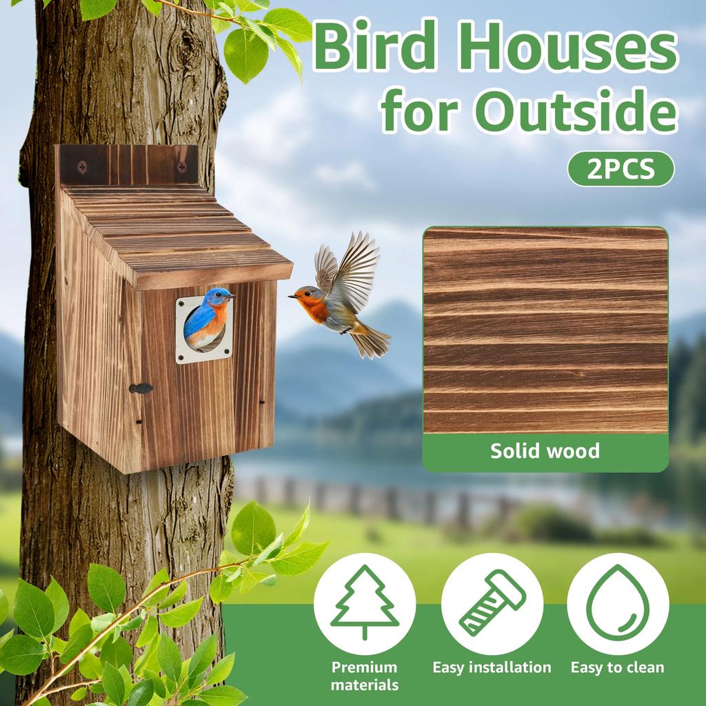 2Pcs Wooden Bird House Outdoor Weatherproof Parrot Bird Nest Breeding Sleeping Box Birdhouse Garden Patio Decorative