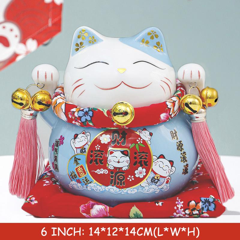 6 inch Ceramic Fortune Cat Money Bank Maneki Neko Lucky Cats Statues Porcelain Happy Smiling Cat Figure Feng Shui Decor Ornament