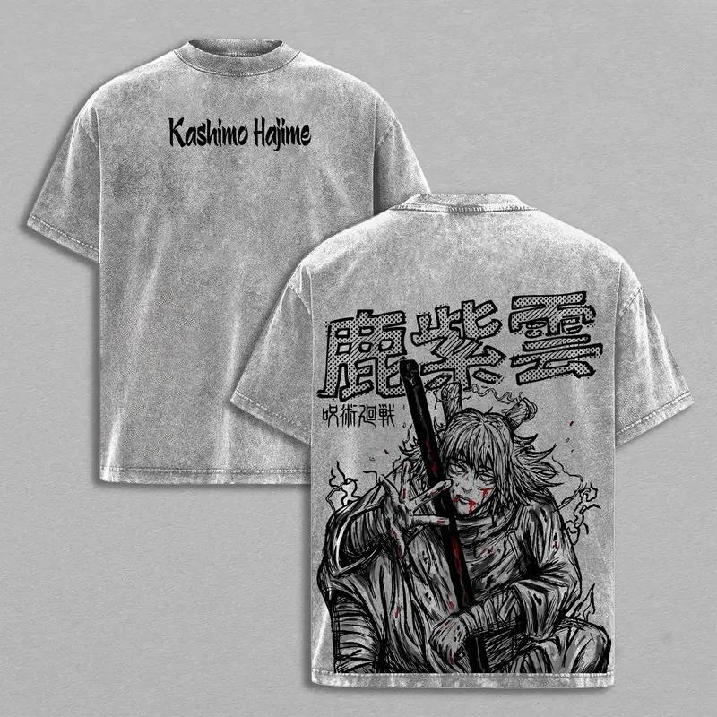 Jujutsu Kaisen Kashimo Hajime Printed Tee Men Women Retro Washed T-shirts Cotton T Shirt Oversized Clothing Harajuku Male Tshirt S