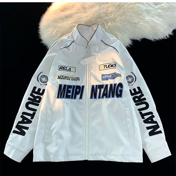 

2026 Unisex Retro Embroidered Multi-Logo Leather Baseball Jacket 2XL (Recommended 140-155 jin)