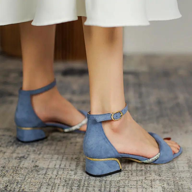 Fashion One Word High Heels with Strap Ladies Shoes Summer 2024 Thick Heel Sandals for Women Footwear Rhinestones Wholesale The Best Vip