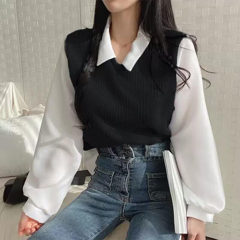 

Fake Two-piece T-shirt Women s Stitching POLO Collar Long-sleeved Sweater Loose Top XS чорний