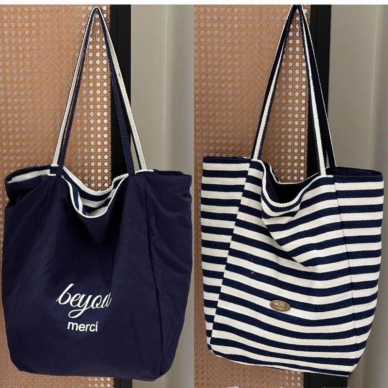 Fashion Striped Double-Sided Use Canvas Women's Shoulder Bags Casual High Capacity Ladies Handbags Summer New Beach Travel Slack Lazy Large Tote Bag