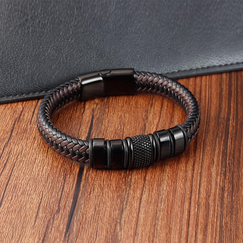 Fashion Handmade Men's Leather Bracelet Trendy Classic Charm Braided Wrap Stainless Steel Bracelets Punk Bangles