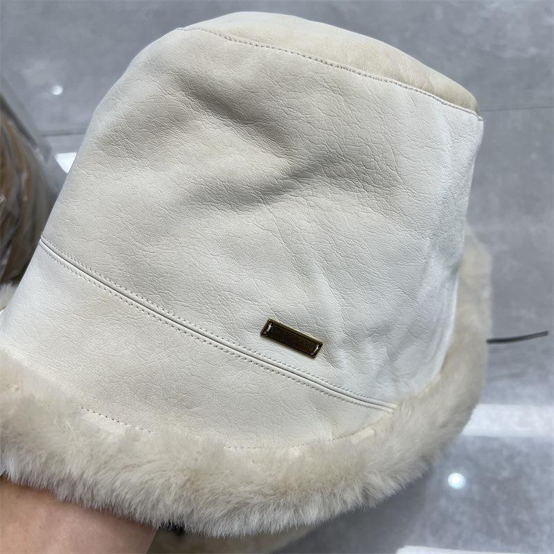 New autumn and winter versatile leather plush burrs bucket hat women's front long rear short ear hat