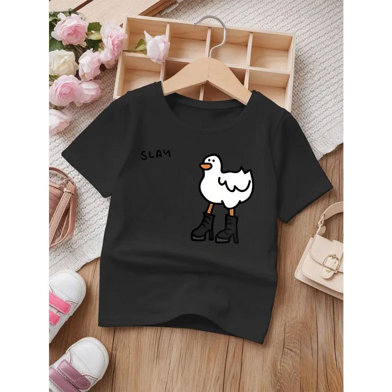 European Sizes Cute Cartoon Duck Print Round Neck Short Sleeve T-Shirt for Girls, New Summer Fashion Casual Top - Breathable Clothing
