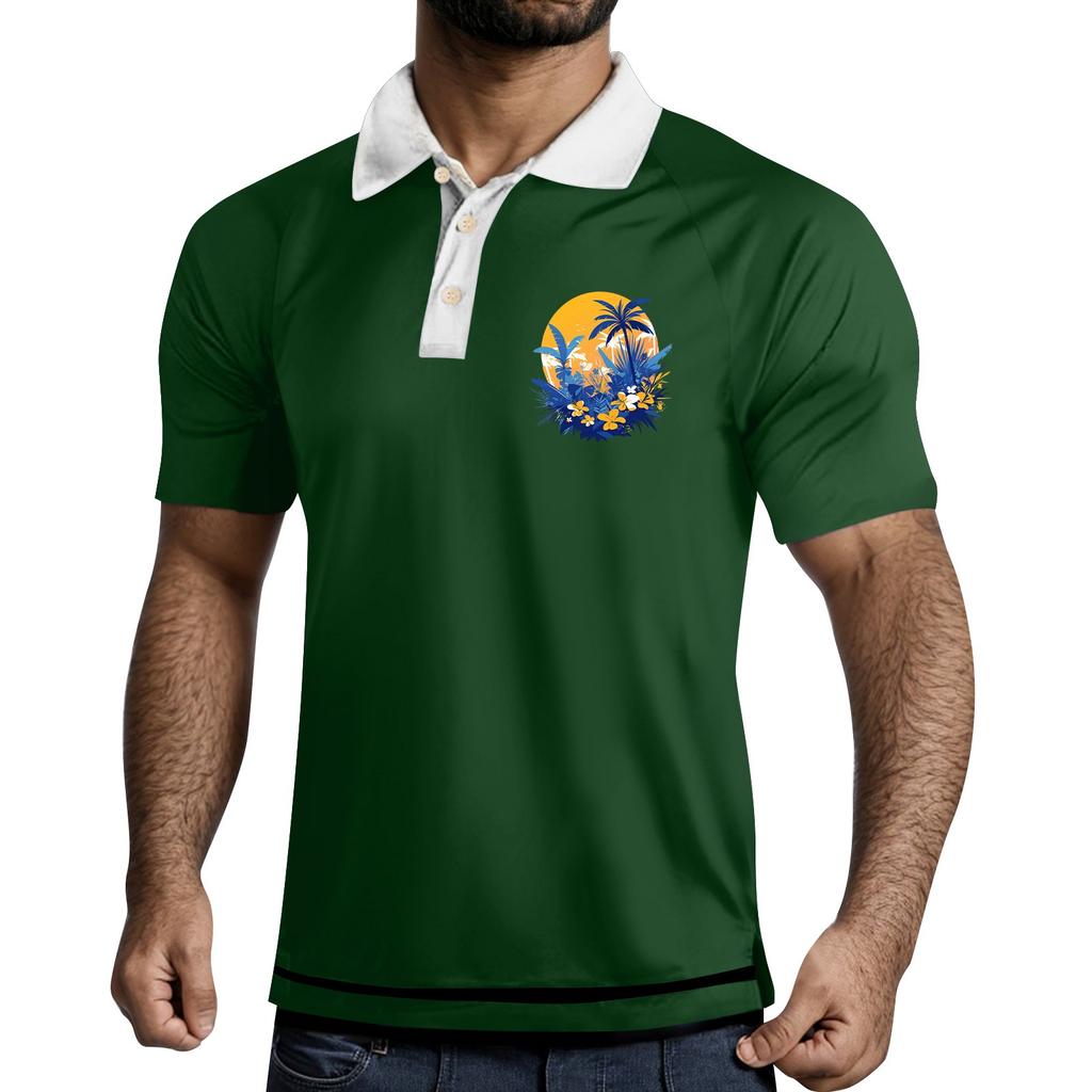 Men's Three Button Printed Lapel Short Sleeve Shirt Top