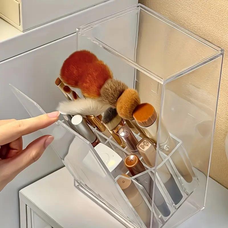Flip Top Clear Makeup Brush Holder 4 Grid Dustproof Cosmetic Storage Box Large Capacity for Dresser Desktop A