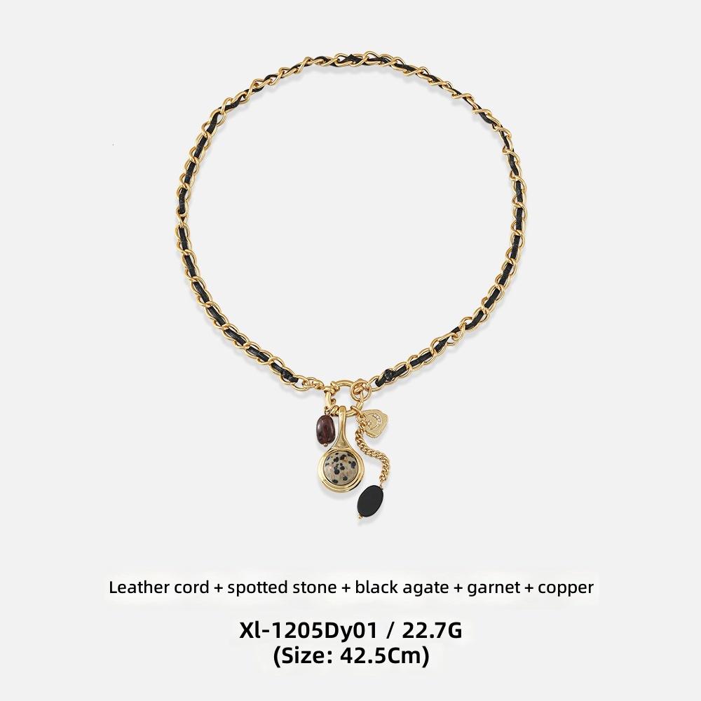 Retro Black-and-Gold 18K Gold Plated Multi-Stone Natural Gemstone Long Necklace Niche Floral Pendant Versatile Layering Women s