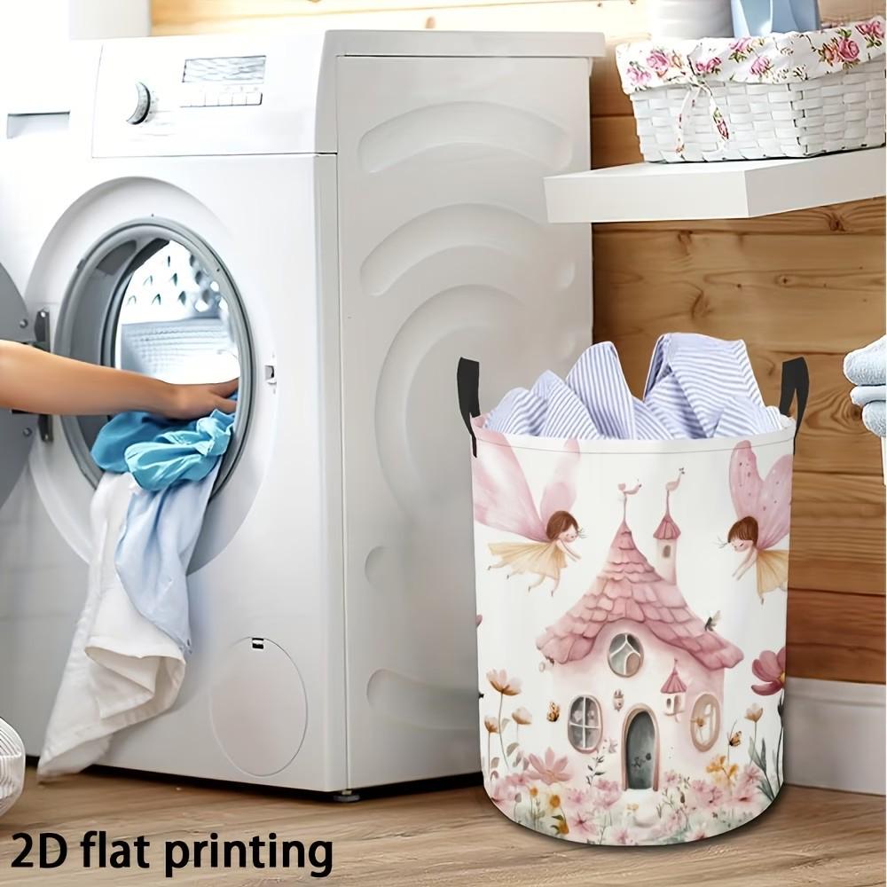 Pink Fairy Tale Castle Elf Pattern Round Washable Laundry Hamper for Girls