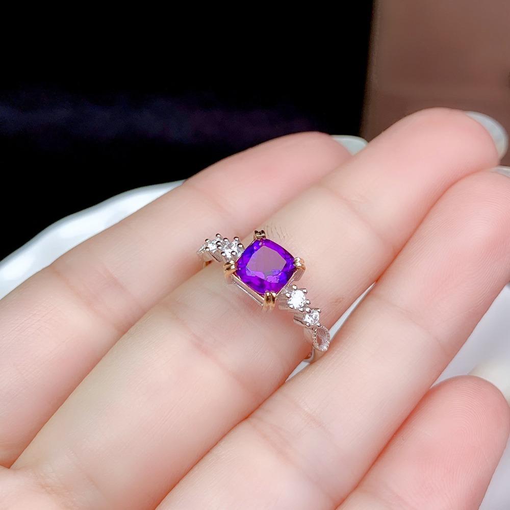 Open Ring for Women Creative Two Tone Plated Square Cut Amethyst Adjustable Statement Jewelry