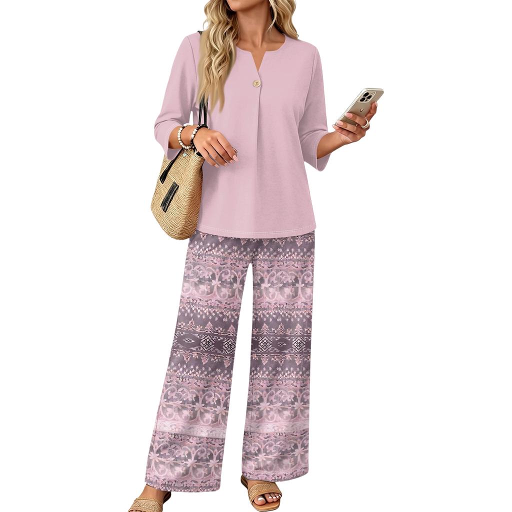 Women Casual Button Front Top with Three Quarter Sleeves and Printed Wide Leg Pants Two Piece Set Lightweight Comfortable Outfit
