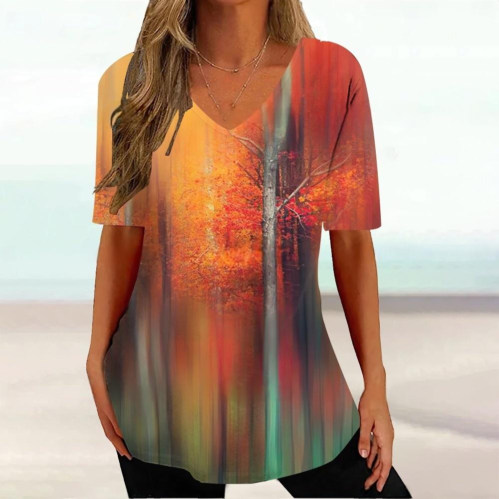 Letni top z dekoltem w serek z nadrukiem 3D w gradientowy wzór Modne codzienne damskie T-shirty z krótkim rękawem