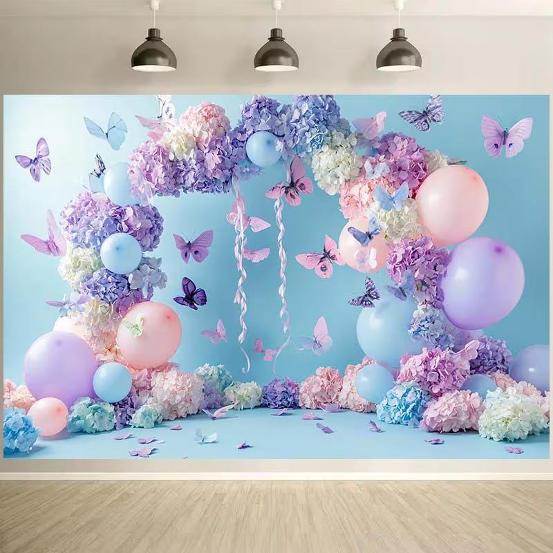 2D Soft Blue and Pink Butterfly Garden Background Cloth Photo Booth Prop