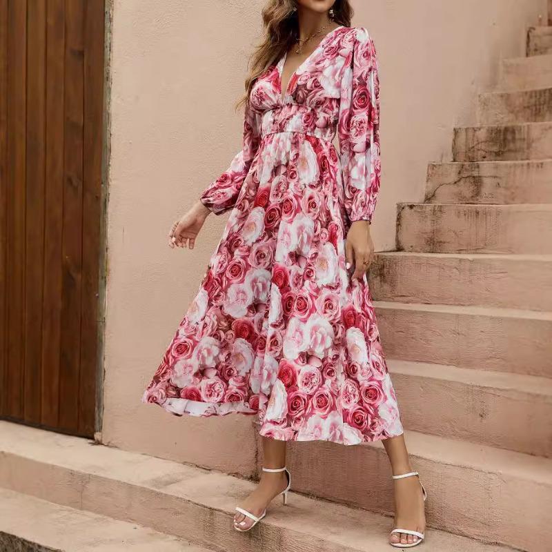 Women's V-neck Dress Autumn Deep V Waist Lantern Long-sleeved Dress