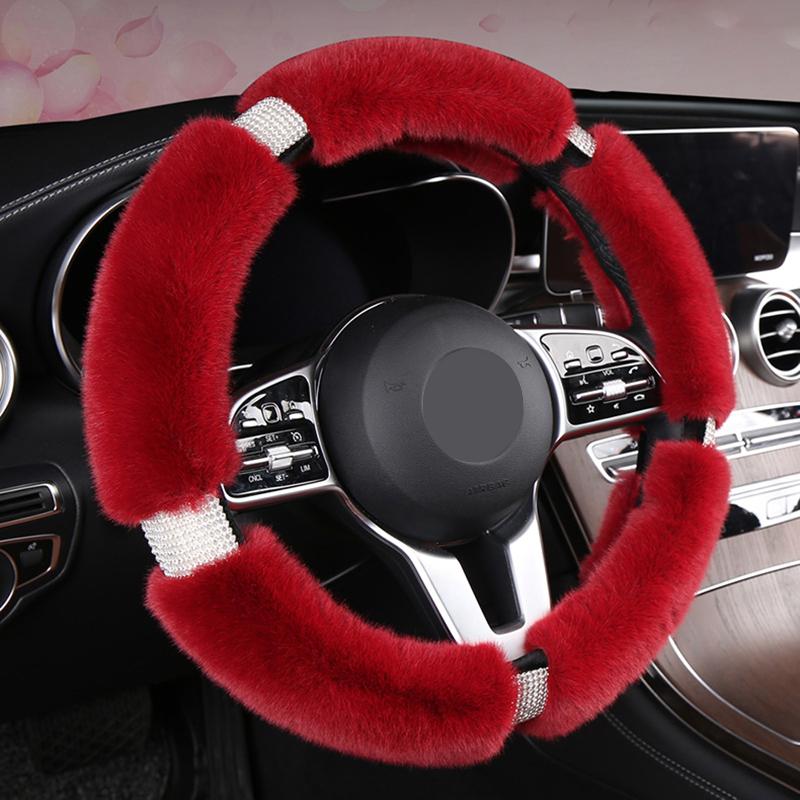 Four Seasons Universal 38cm Car Steering Wheel Cover With Bling Rhinestones Diamond Fur Furry Rhinestone Mosaic Car Accessories