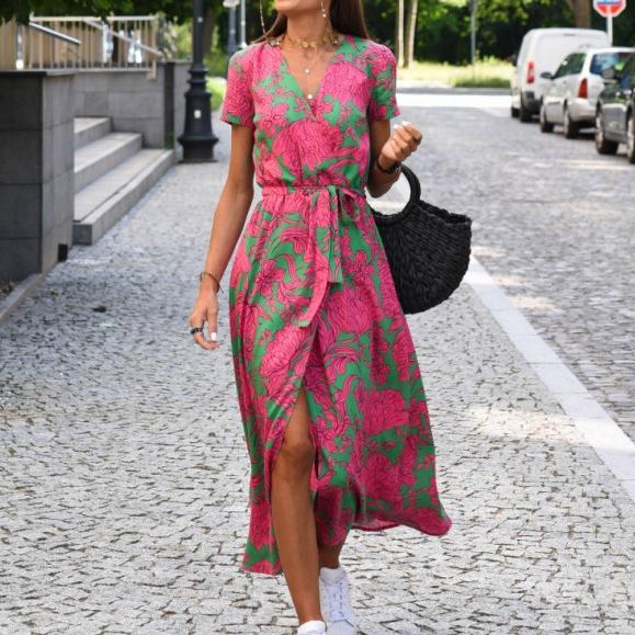 

Летний женский пуловер с цветочным принтом, длинное платье без рукавов, женские модные сексуальные платья с высоким разрезом, глубоким V-образным вырезом и узкой талией 5XL розовый