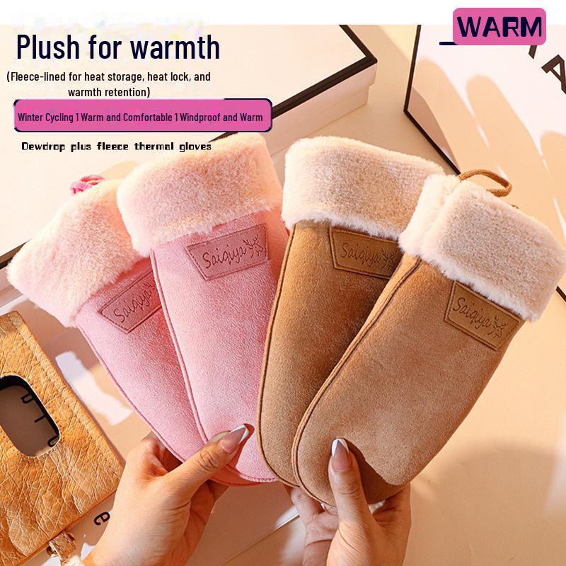 Women's Suede Winter Gloves, Warm and Windproof with Velvet and Hanging Neck Design.