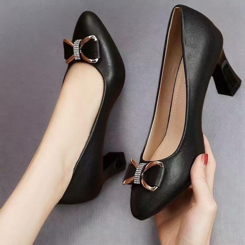 Autumn New High Heels Women's Mid-heel Shallow Temperament Single Shoes Women's One-pedal Pointed Workplace Work Shoes