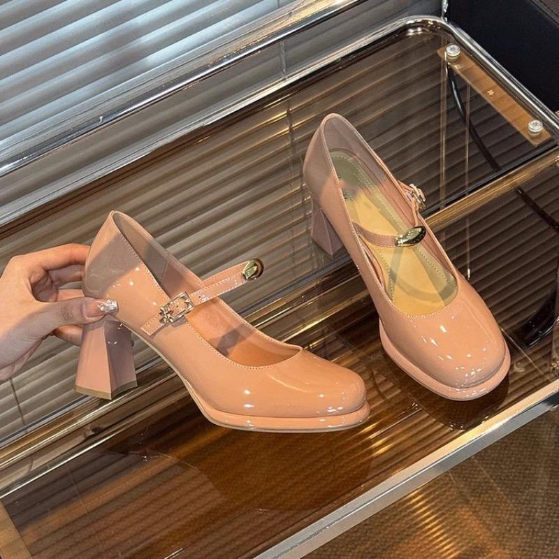 Mary Jane Shoes Spring New Round Head Shallow Mouth Metal Buckle A Line with Anti-slip Wear-resistant High Heels