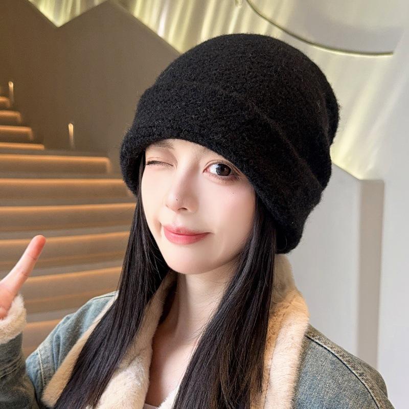 Korean Style Ear Flap Wool Knit Beanie for Women - Warm Autumn/Winter Hat for Large Heads